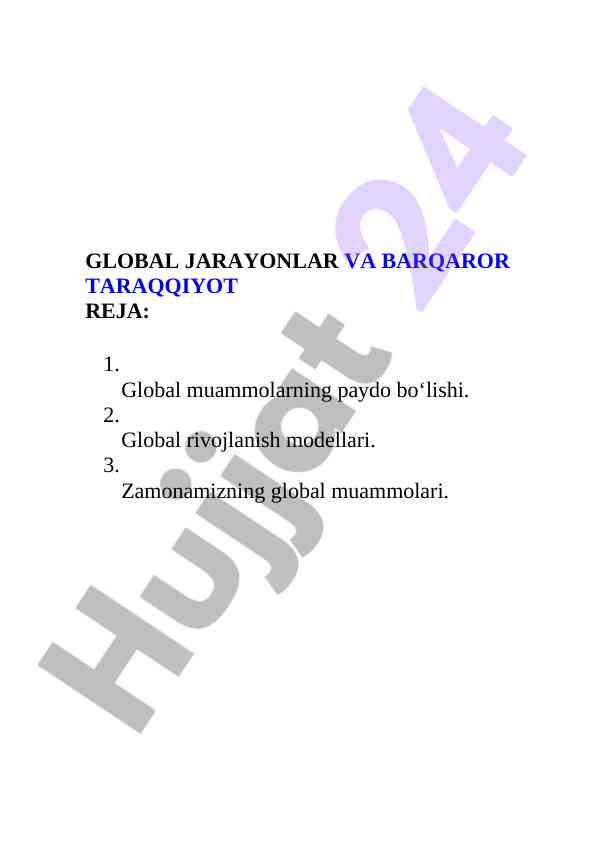 Global jarayonlar va barqaror taraqqiyot reja