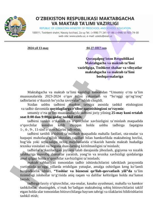 Umumiy o'rta ta'lim tadbirlariga tavsiyalar 2023-2024