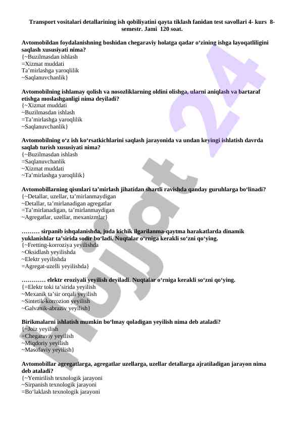 Transport vositalari detallariga doir test savollari