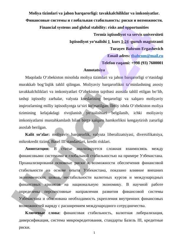 Moliya tizimlari va jahon barqarorligi tahlili