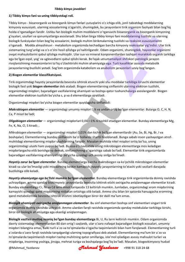 Tibbiy kimyo fani va uning tibbiyotdagi roli
