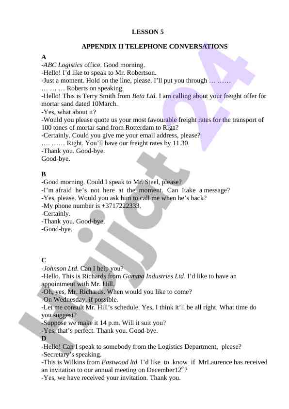 Telephone conversations lesson 5 overview