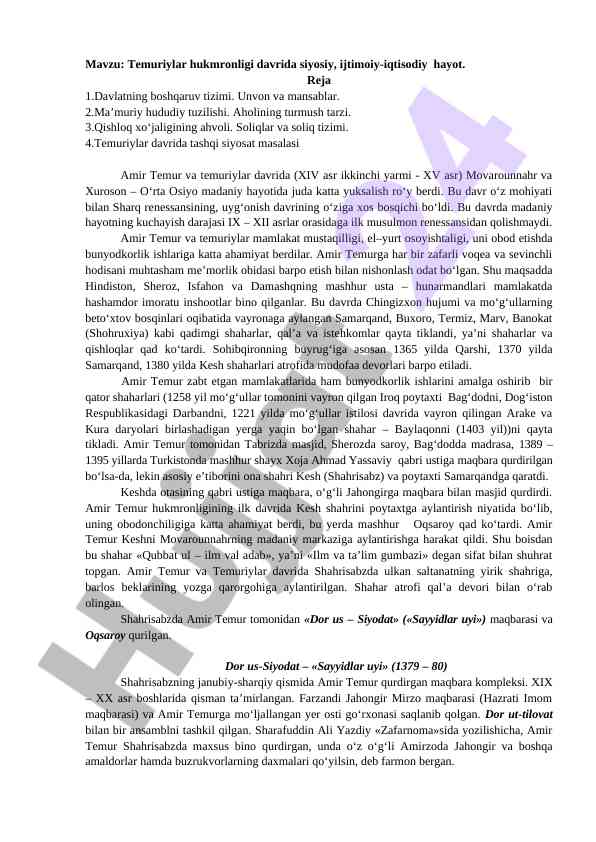 Temuriylar hukmronligi davrida siyosiy hayot