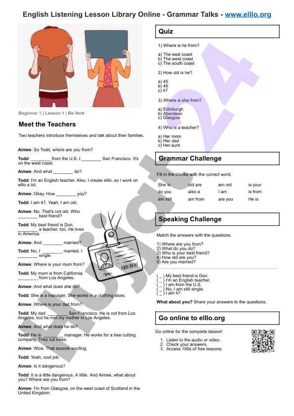 English listening quiz and grammar challenge
