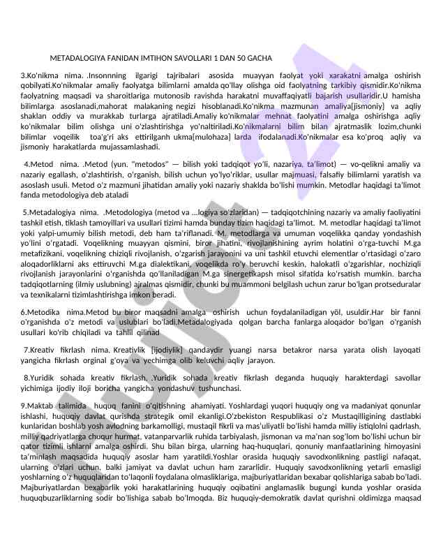 Metadologiya fanidan imtihon savollari