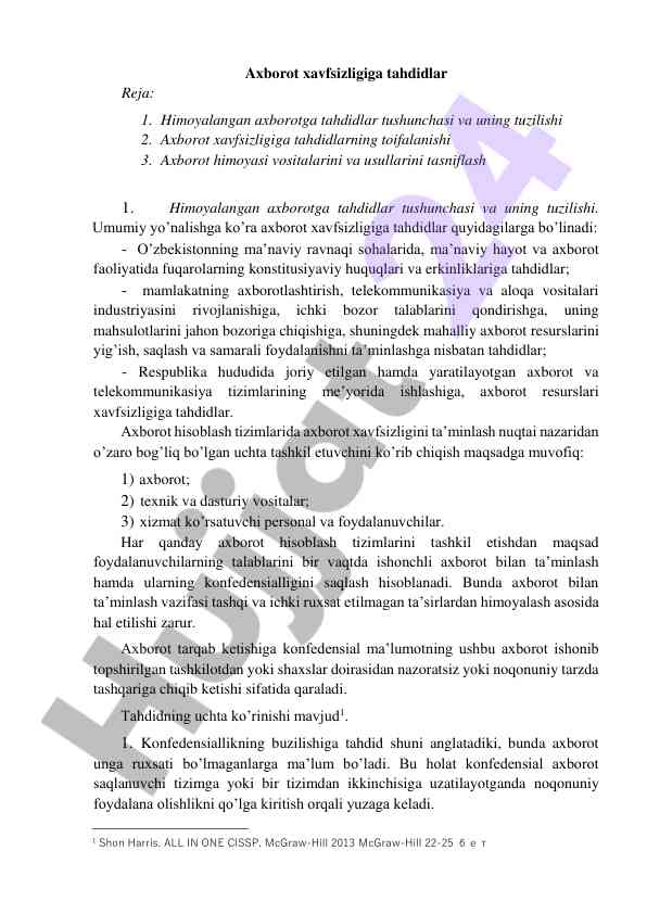 Axborot xavfsizligiga tahdidlar dars rejasi