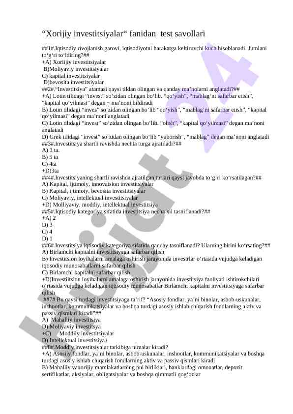 Xorijiy investitsiyalar fanidan test savollari