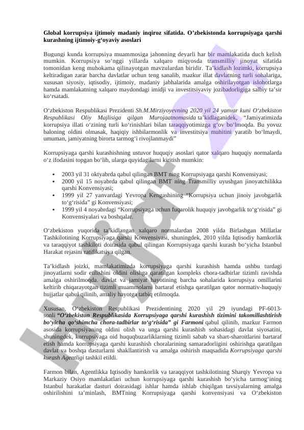 Korrupsiya ijtimoiy madaniy inqiroz sifatida o‘zbekistonda