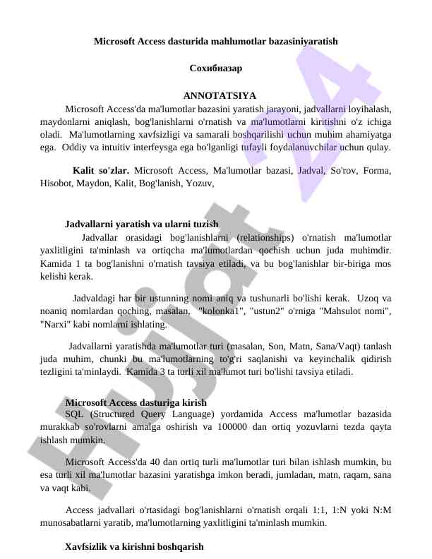 Microsoft access dasturida ma'lumotlar bazasi yaratish