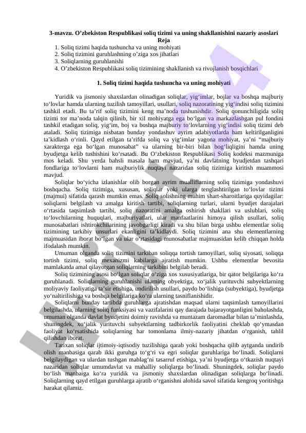 O‘zbekiston respublikasi soliq tizimi nazariy asoslari