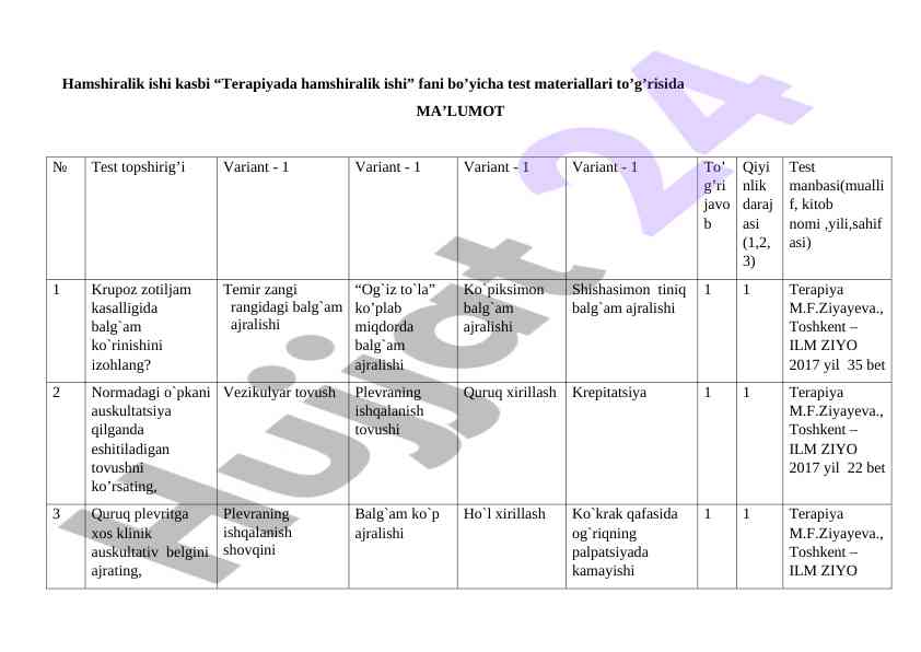 Terapiyada hamshiralik ishi bo'yicha test materiallari