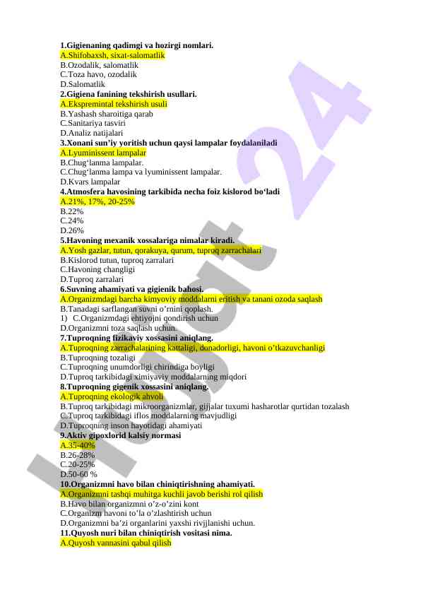 Gigiena fanining tekshirilishi bo‘yicha savollar
