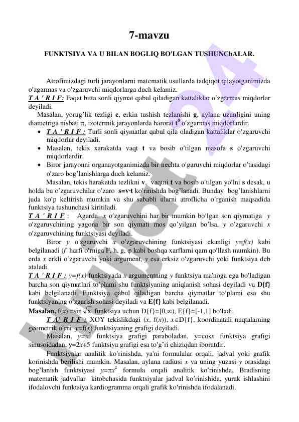 Funktsiya va u bilan bog'liq tushunchalar