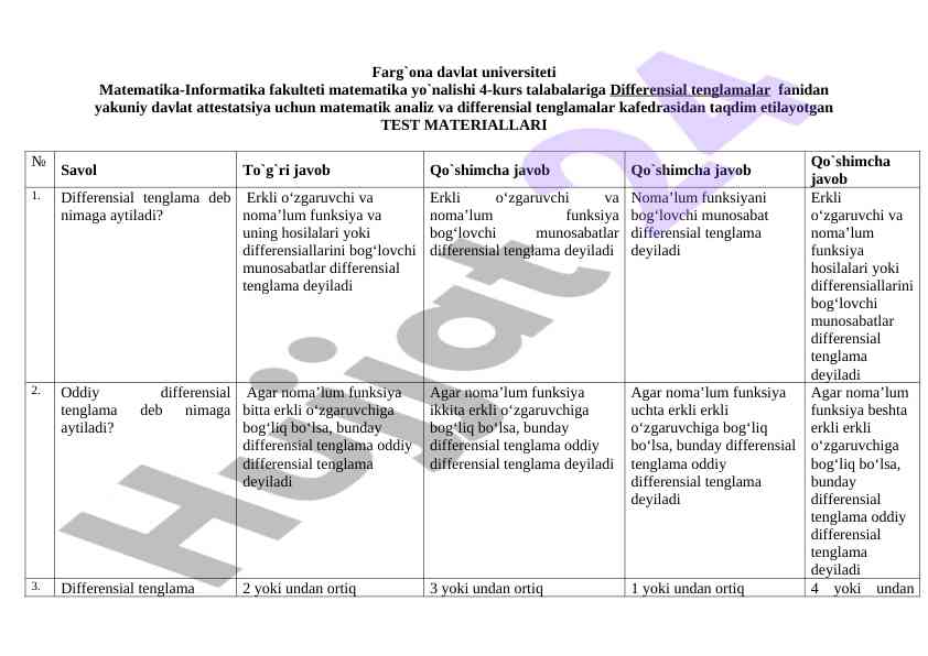 Differensial tenglamalar test materiallari