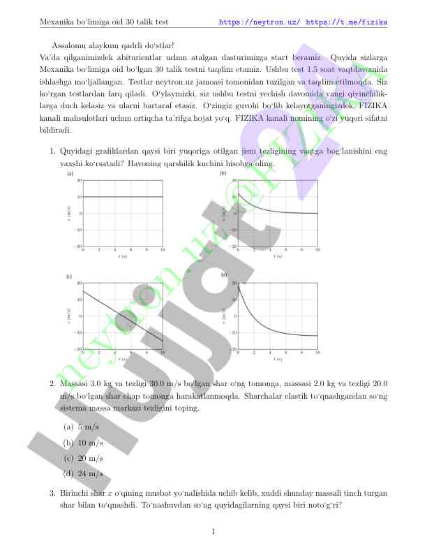 Mexanika bo‘limiga oid 30 talik test