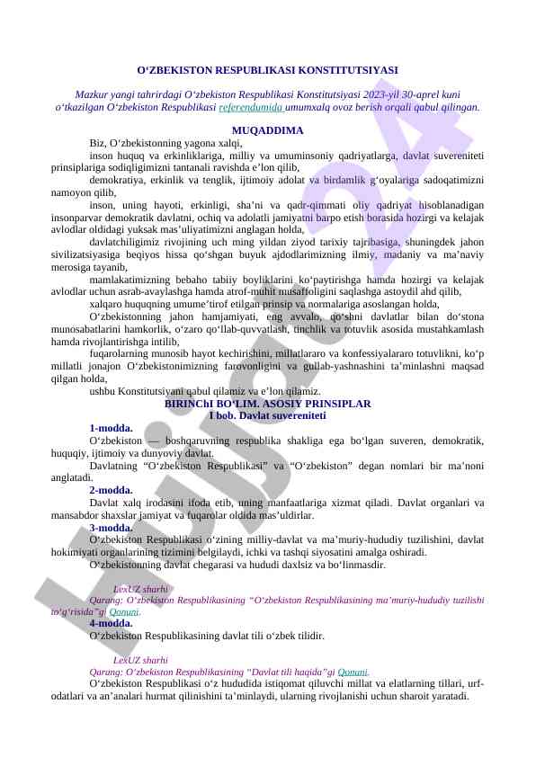 O‘zbekiston respublikasi konstitutsiyasi haqida ma’lumot