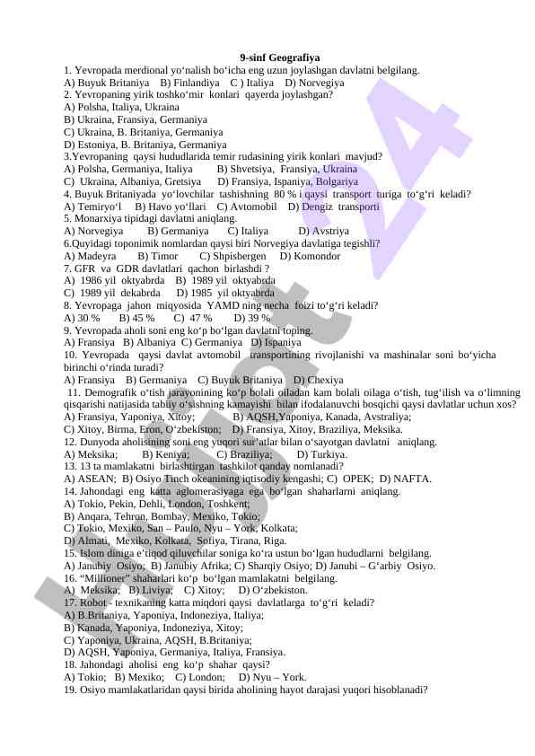 Yevropada geografiya bo‘yicha test savollari