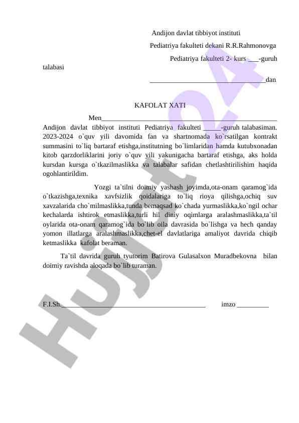 Kafolat xati talabalar uchun pediatriya fakulteti