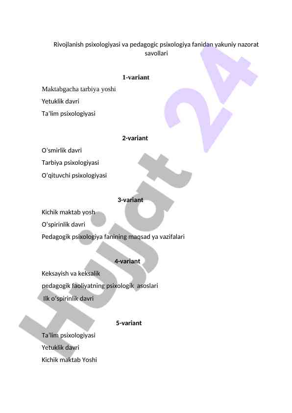 Psixologiya fanidan yakuniy nazorat savollari