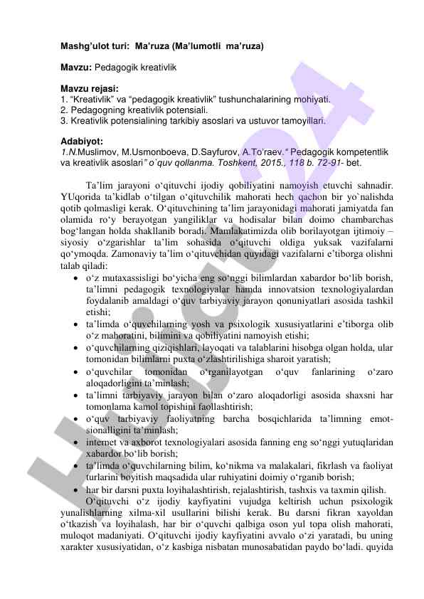 Pedagogik kreativlik tushunchalari va asoslari