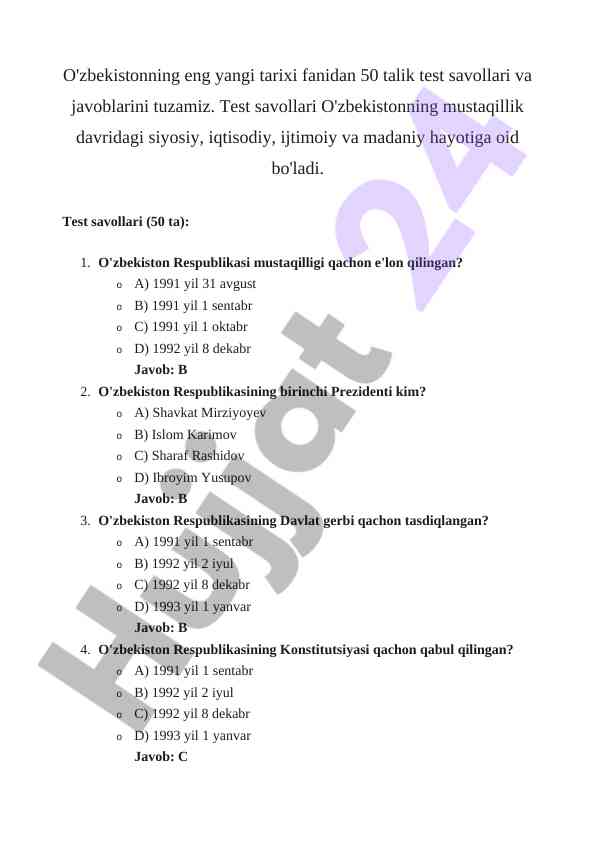 O'zbekistonning eng yangi tarixi test savollari