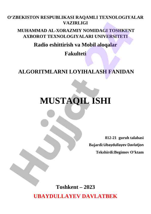 Algoritmlarni loyihalash fanidan mustaqil ish