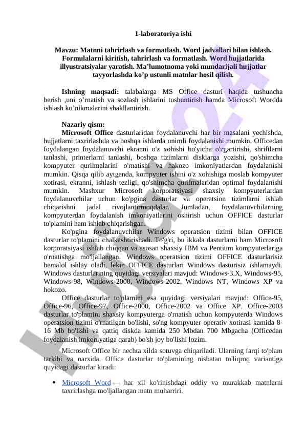 Matnni tahrirlash va formatlash laboratoriya ishlari