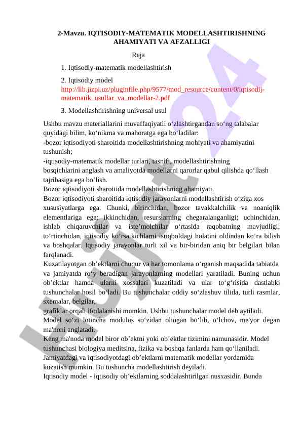 Iqtisodiy-matematik modellashtirishning ahmiyati