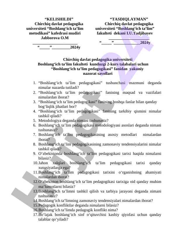 Boshlang‘ich ta’lim pedagogikasi yakuniy nazorat savollari