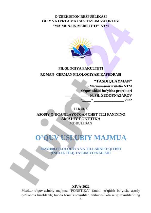 Amaliy fonetika darsiga o‘quv uslubiy majmua
