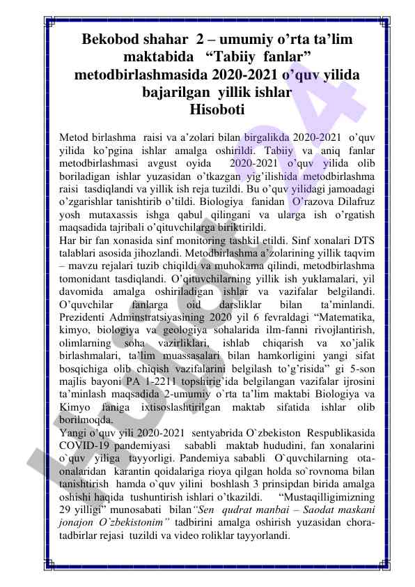 Tabiiy fanlar metodbirlashmasining yillik hisoboti 2020-2021