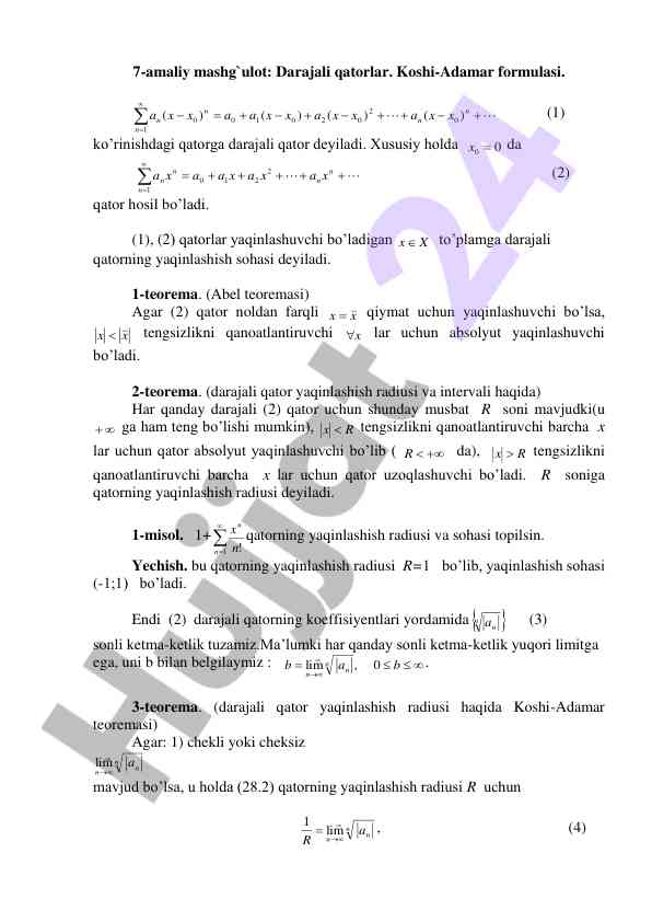 Darajali qatorlar va ularning yaqinlashish sohasi