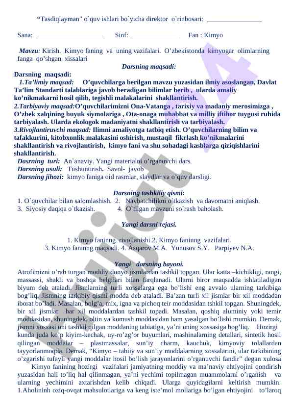 Kirish kimyo fanining vazifalari va ta’lim maqsadlari