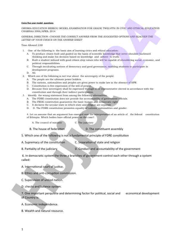 Grade twelve model examination in civic education