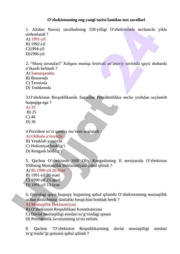 Oʻzbekiston tarixi fanidan test savollari