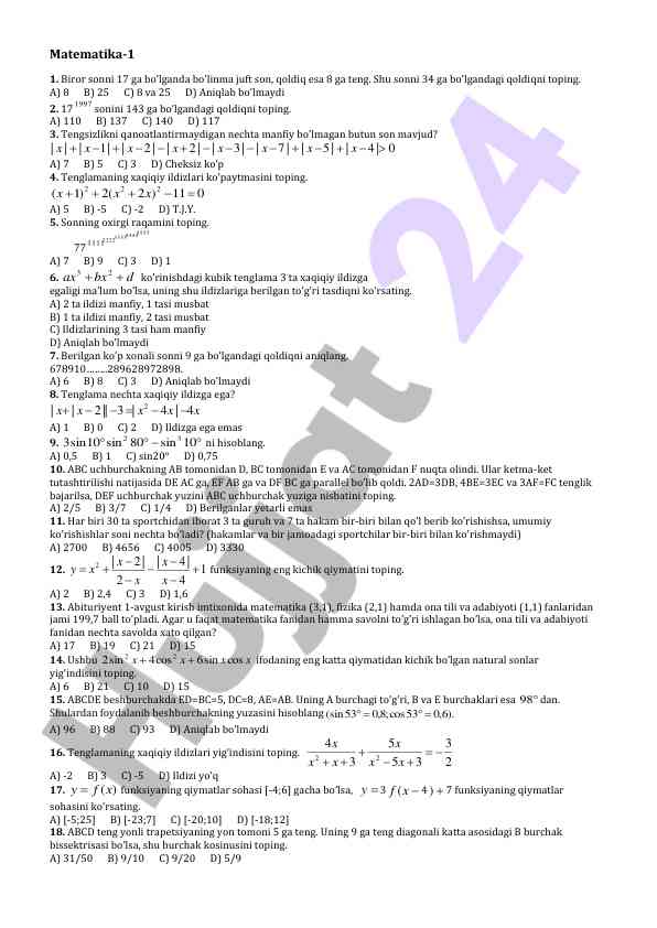 Matematika testlari: qoldiqlar va tenglamalar