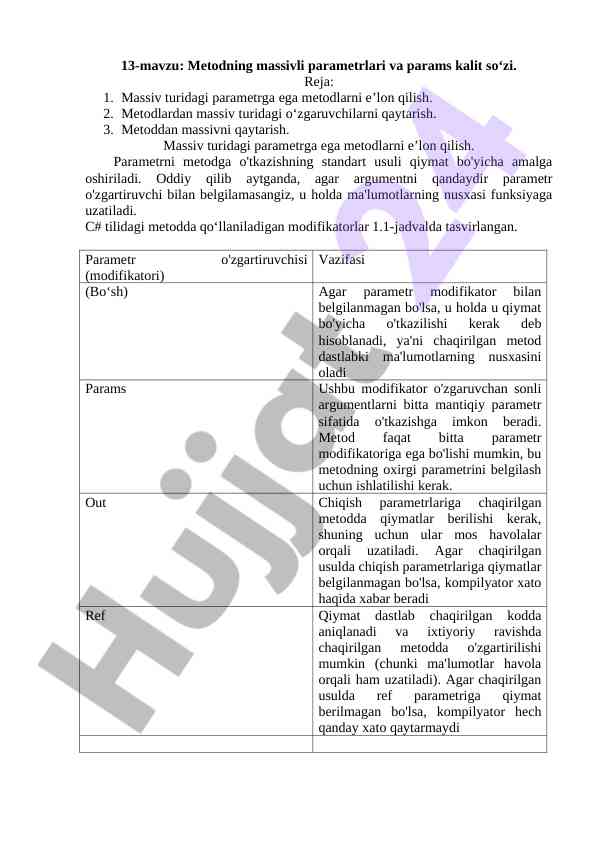 C# metodlari va massivli parametrlari