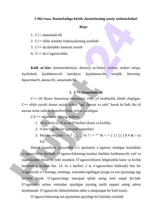 Dasturlashga kirish c++ dasturlash tili