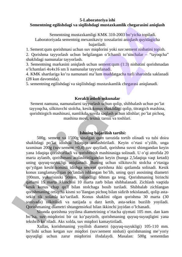 Sementning egilishdagi va siqilishdagi mustaxkamliki