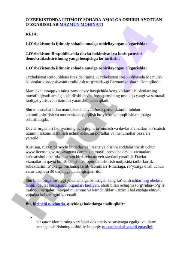 O‘zbekiston ijtimoiy sohasidagi o‘zgarishlar tahlili