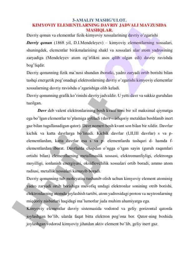 Kimyoviy elementlarning davriy jadvali mavzusida
