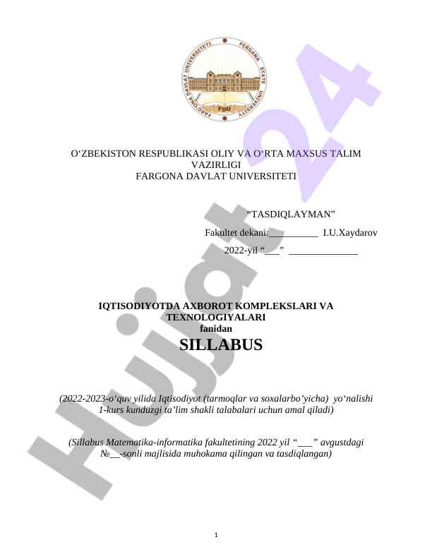 Iqtisodiyotda axborot komplekslari sillabusi 2022