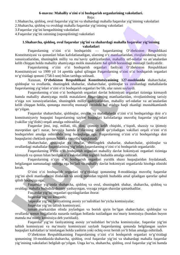 Mahalliy o'zini o'zi boshqarish organlari vakolatlari