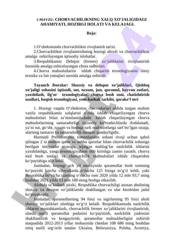 Chorvachilikning xalq xo‘jaligidagi ahamiya