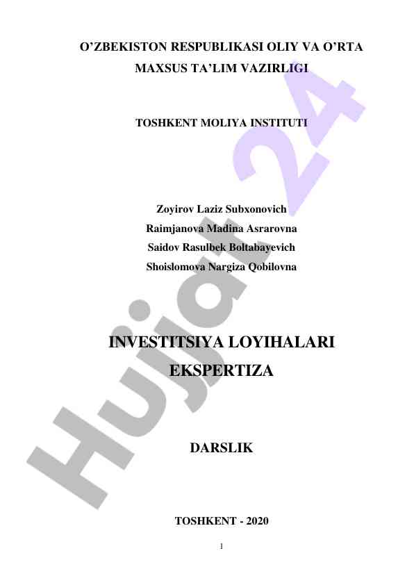 Investitsiya loyihalari ekspertiza darslik