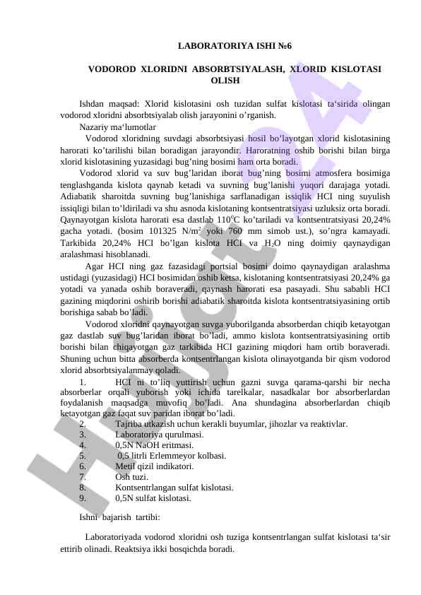 Vodorod xloridni absorbtsiyalash laboratoriya ishlari