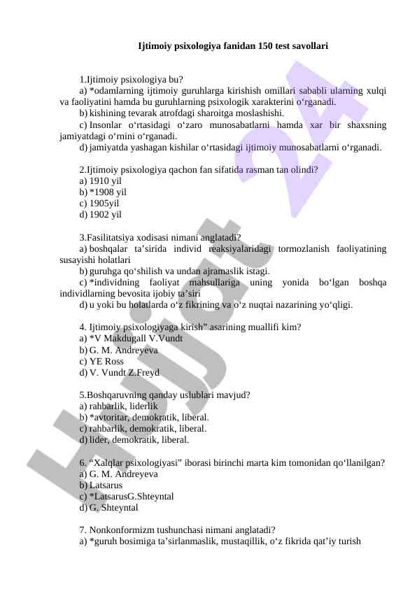 Ijtimoiys Psixologiya Fanidan Test Savollari