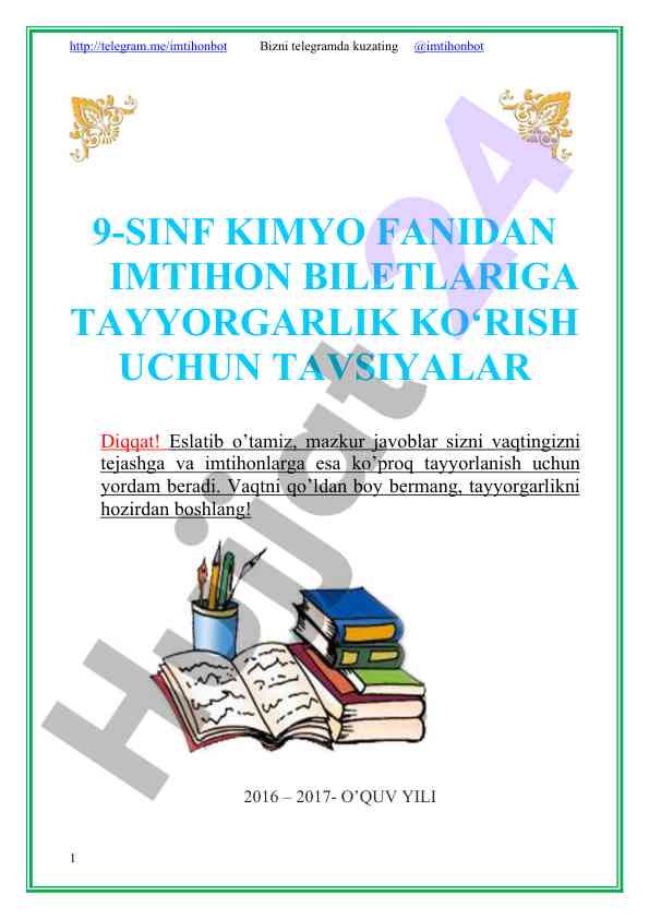 9-sinf kimyo fanidan imtihon biletlariga tayyorlanish
