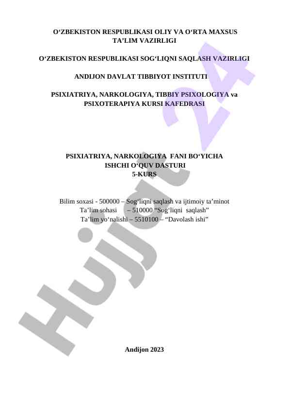 Psixiatriya va narkologiya bo‘yicha o‘quv dasturi