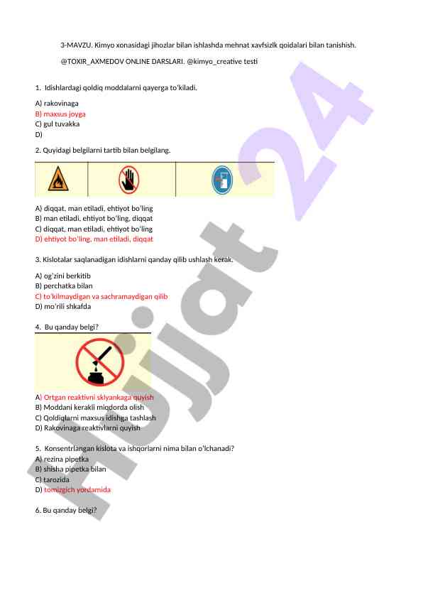 Kimyo xonasida mehnat xavfsizligi qoidalari testi